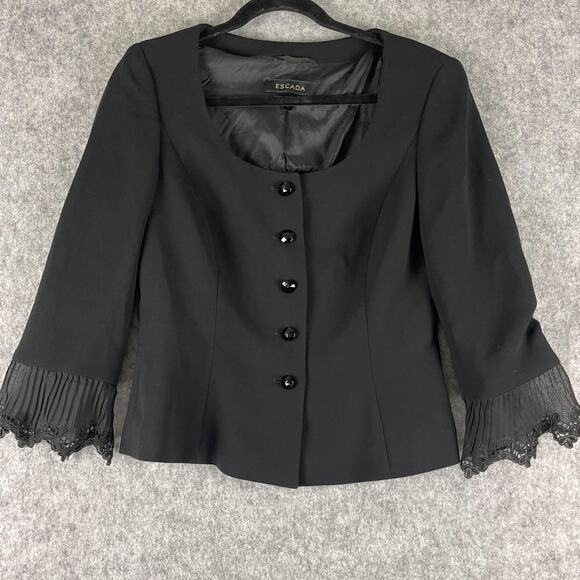 ESCADA Virgin Wool Blazer Jacket Womens 38 Black Bell Lace Trim Cropped Classic - Picture 1 of 15